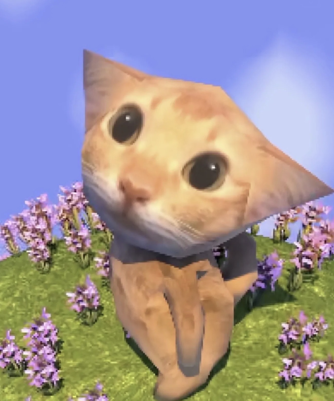 Low-poly orange tabby kitten sitting on a grassy hill of purple pixel flowers under a periwinkle sky